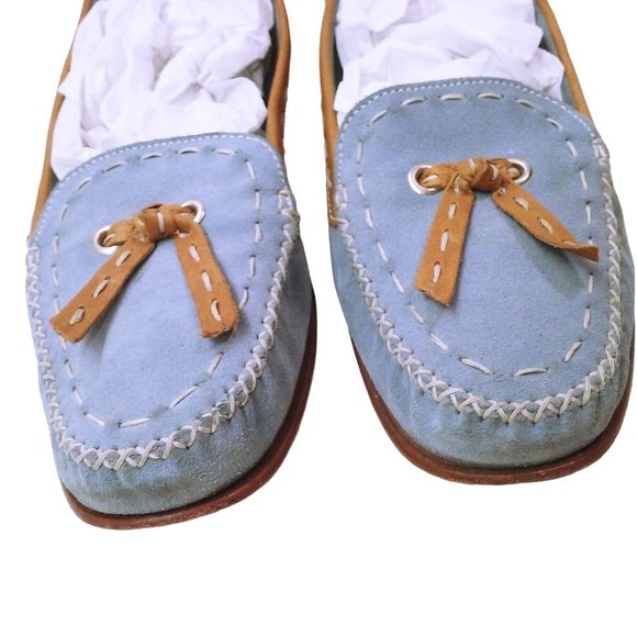 Cole Haan Blue Suede Shoe Flats -9.5B Bow Tassel Leather Stitch Moc-Toe Slip-On - Picture 7 of 12